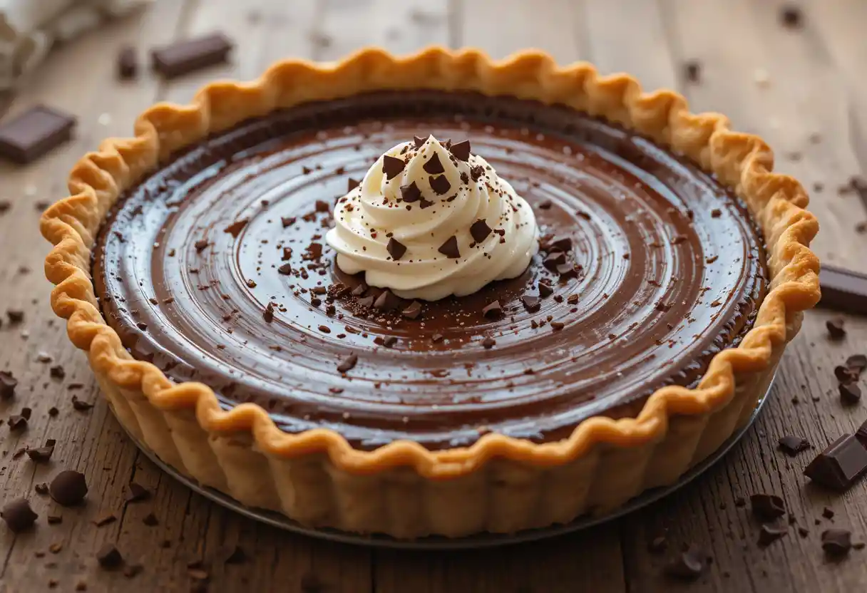 A close-up of a decadent homemade chocolate pie with a glossy, smooth filling, topped with whipped cream and chocolate shavings, set on a rustic wooden table.