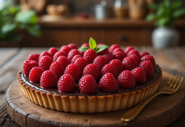 An elegant chocolate raspberry tart with glossy dark chocolate ganache, topped with fresh red raspberries and mint leaves, beautifully styled on a rustic wooden table, with soft natural lighting and a cozy kitchen background.