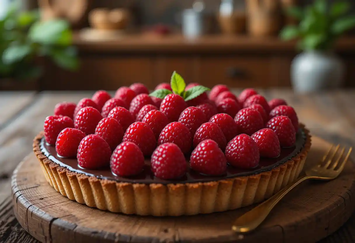An elegant chocolate raspberry tart with glossy dark chocolate ganache, topped with fresh red raspberries and mint leaves, beautifully styled on a rustic wooden table, with soft natural lighting and a cozy kitchen background.