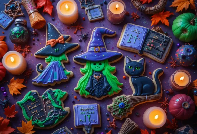 “A flat lay of Hocus Pocus-inspired Halloween cookies shaped like witches, black cats, broomsticks, and spell books, surrounded by glowing candles, spider webs, and potion bottles on a moody purple-orange background.”