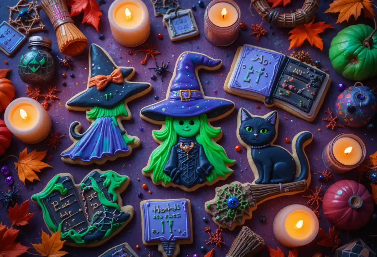 “A flat lay of Hocus Pocus-inspired Halloween cookies shaped like witches, black cats, broomsticks, and spell books, surrounded by glowing candles, spider webs, and potion bottles on a moody purple-orange background.”