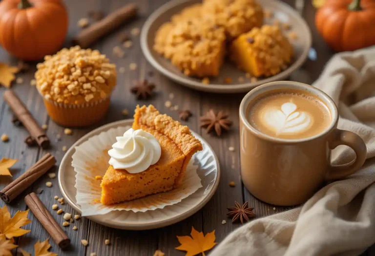 "A cozy flat lay of assorted sweet potato treats including muffins, pie, cookies, and a latte on a rustic wooden table, surrounded by autumn elements like cinnamon sticks, star anise, and maple leaves, styled in warm lighting with a high-end, inviting aesthetic."