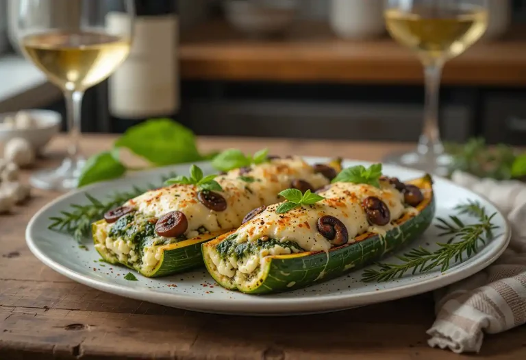 Delicious Spinach, Mushroom, and Ricotta Stuffed Zucchini with golden melted cheese, fresh basil garnish, and a rustic wooden table setting, paired with a glass of white wine.