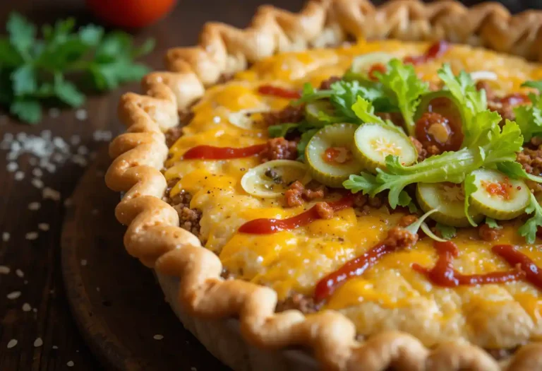 A close-up of a homemade Classic American Cheeseburger Pie with a golden, flaky crust, topped with fresh lettuce, pickles, and slices of tomato, set on a rustic wooden table.