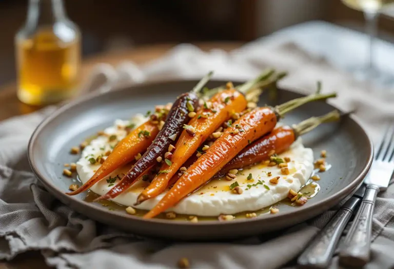 "Elegant dish of roasted heirloom carrots in shades of orange, yellow, and purple served over creamy whipped ricotta, drizzled with honey and sprinkled with pistachios and thyme, styled on a rustic ceramic plate with natural lighting."