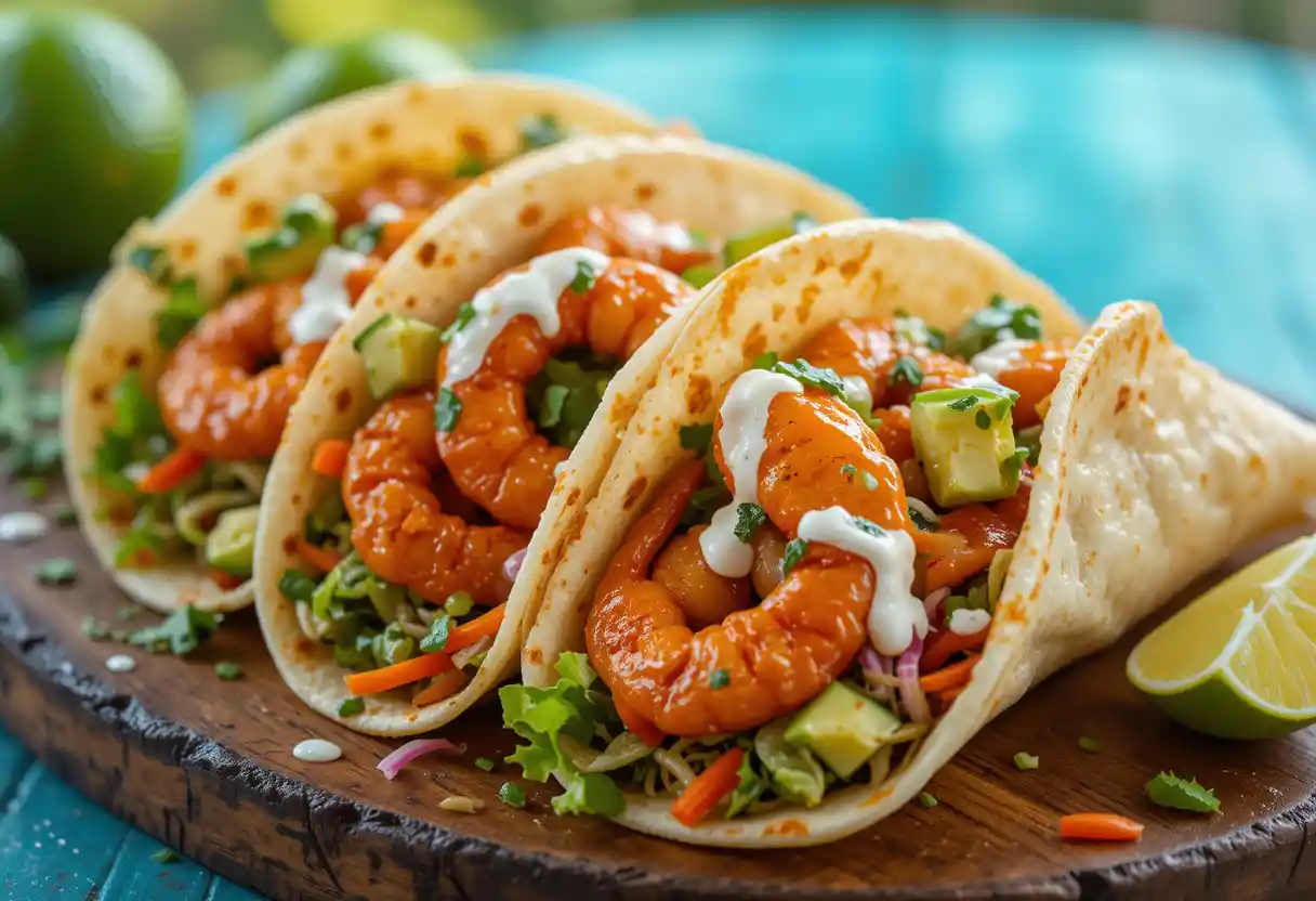 "Chili lime shrimp wraps filled with grilled shrimp, fresh lettuce, shredded carrots, red bell peppers, avocado slices, and drizzled with lime sour cream, served on a rustic wooden plate with lime wedges and cilantro garnish."