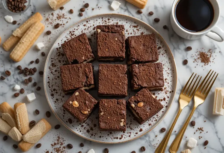 "Decadent tiramisu brownies with rich chocolate layers and creamy mascarpone filling, dusted with cocoa powder and surrounded by espresso, ladyfingers, and coffee beans on a marble surface – gourmet dessert presentation."