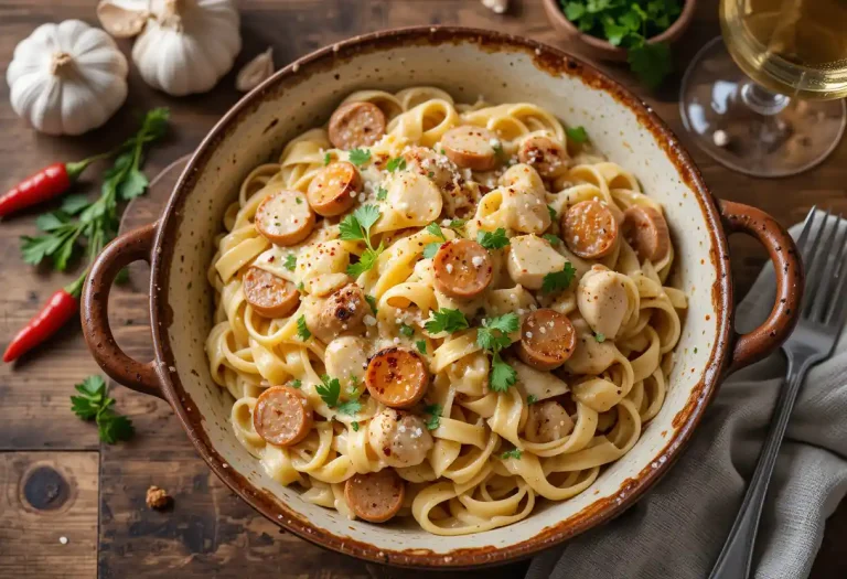 A rustic bowl of Cajun Chicken Sausage Alfredo featuring creamy fettuccine pasta tossed with spicy seared chicken, smoked sausage slices, and rich Alfredo sauce, garnished with fresh parsley and Parmesan, served on a wooden table with natural lighting.