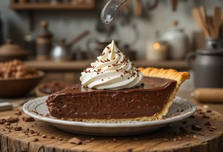 A close-up of a delicious Old-Fashioned Chocolate Pie with a golden crust, smooth chocolate filling, topped with whipped cream and chocolate shavings, set on a rustic wooden table with a warm, cozy kitchen background.